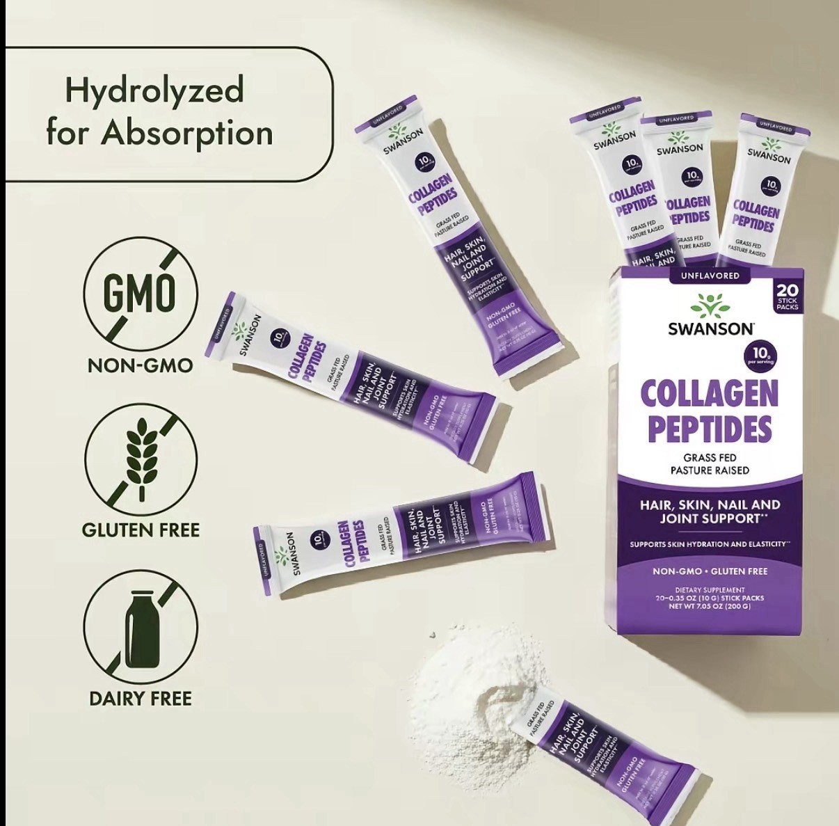 Swanson Collagen Peptides Unflavored Powder 20 Stick Packs 10g Exp 11/27