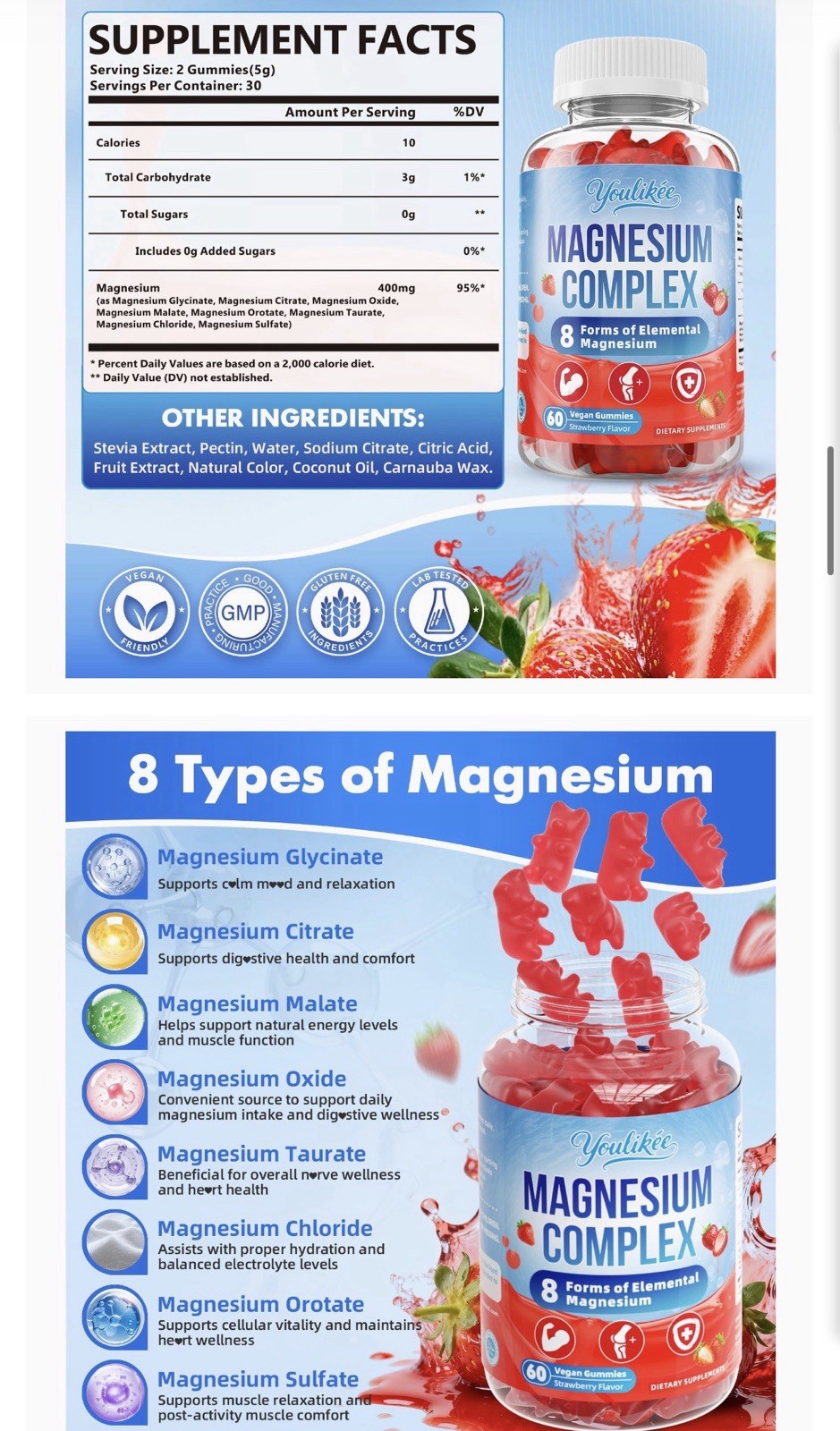 Youlikee Magnesium Complex 400mg Gummies Strawberry 60ct Vegan Sugar-Free