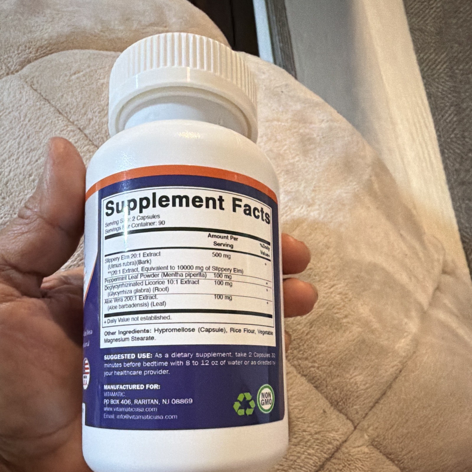 Vitamatic Slippery Elm Bark 10000mg 180 Veg Caps Non-GMO Peppermint Exp 09/2027