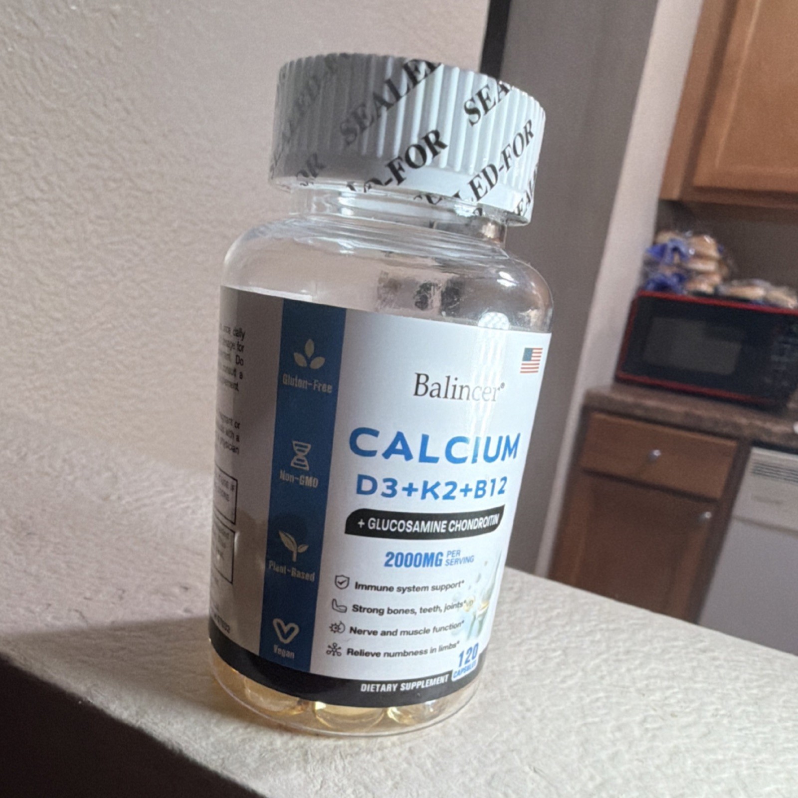 Balincer Calcium D3 K2 B12 Glucosamine Chondroitin Capsules Adult 120 Vegan