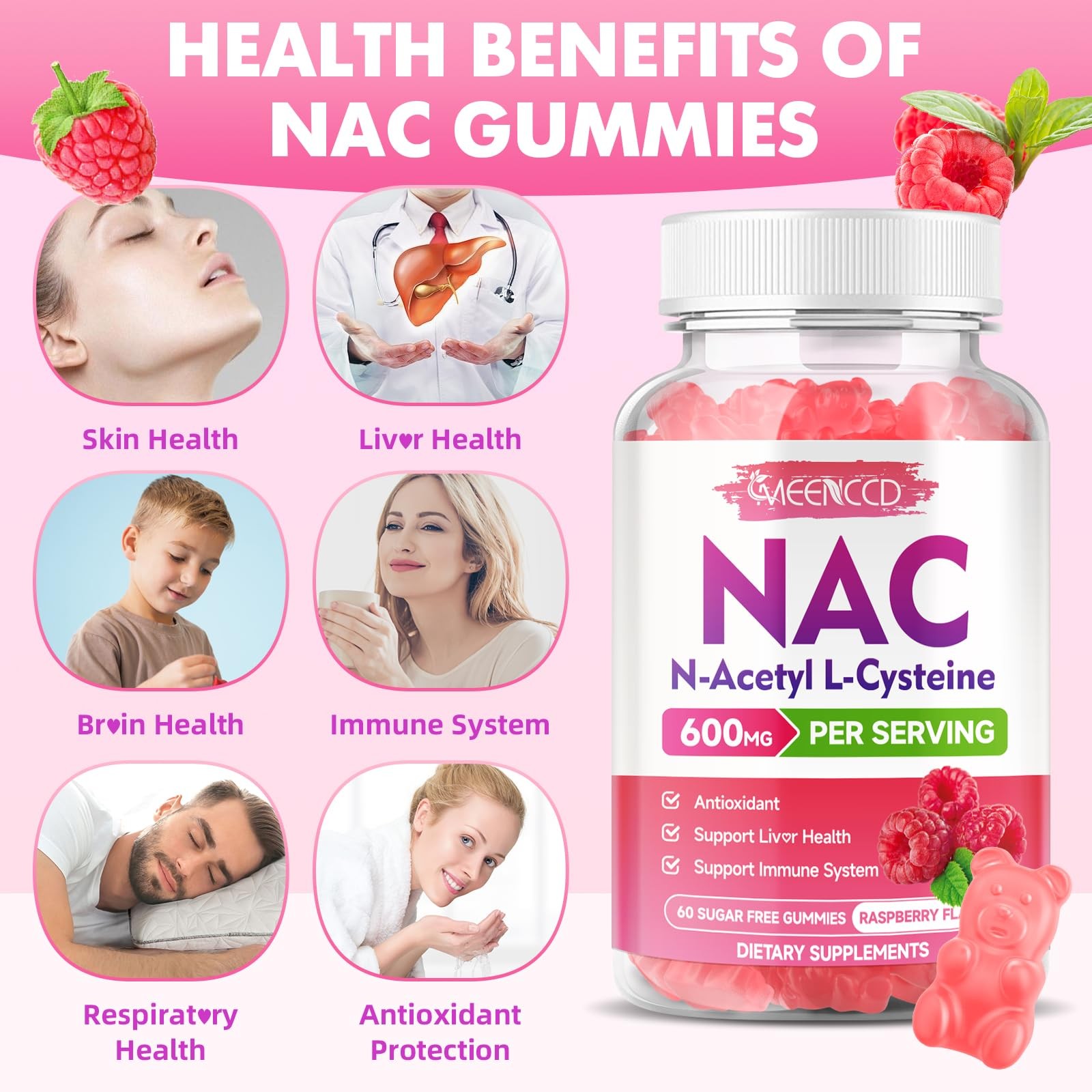 MEENCCD 2 Pack NAC Gummies, N Acetyl Cysteine 600mg 60 Count (Pack of 2)