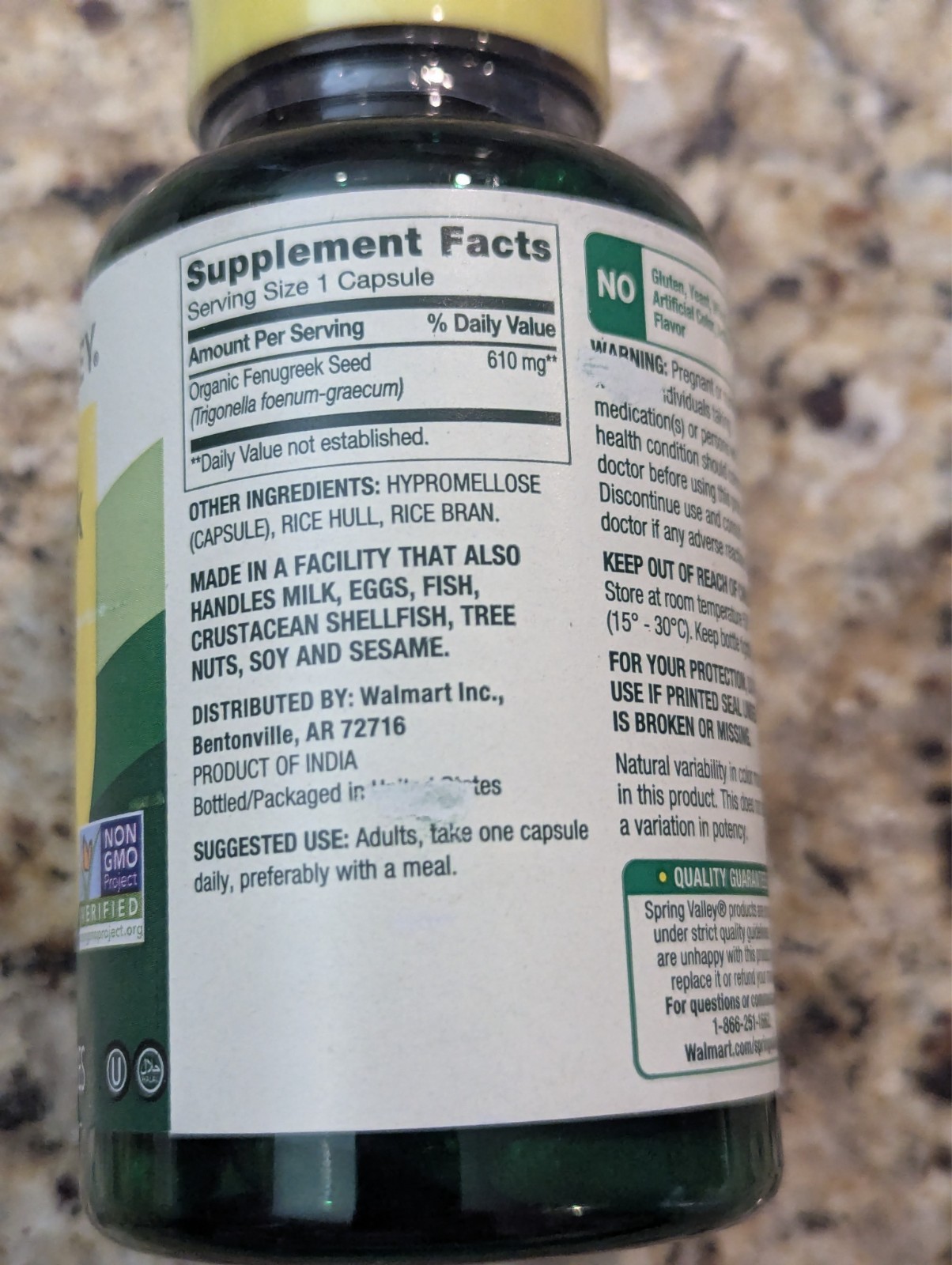 Spring Valley Fenugreek 610mg Wellness Supplement 100 count exp: 03/2028