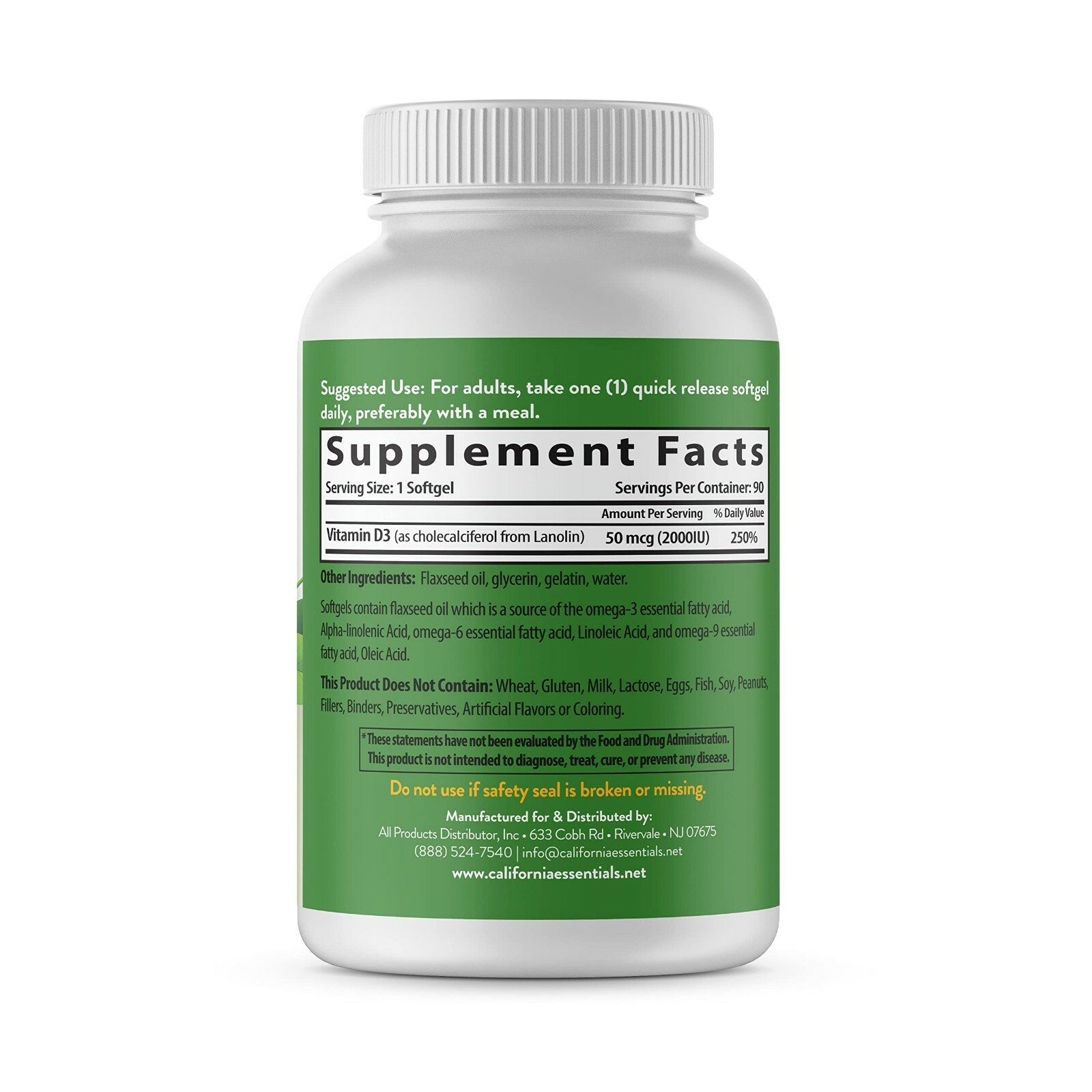 Vitamin D3 2000i IU (50mcg) Enhanced with Flaxseed Oil (90 Softgels)