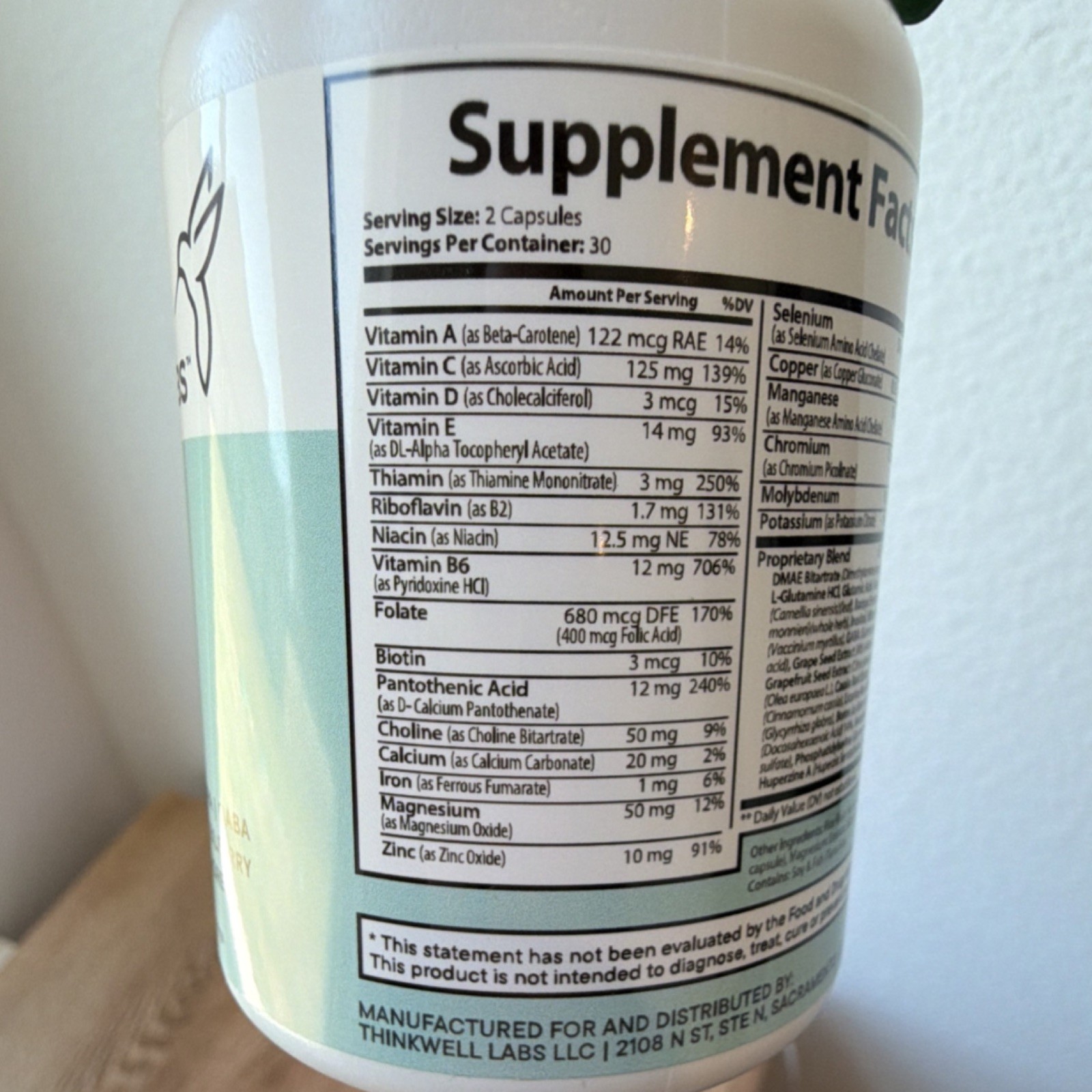 Thinkwell Labs Brain & Focus Formula Bacopa GABA Green Tea Extract 60 Capsules