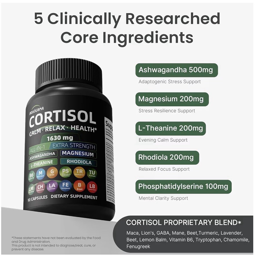 POSOGAMA Cortisol Calm Stress & Relax Supplement 16-in-1 Extra Strength 90