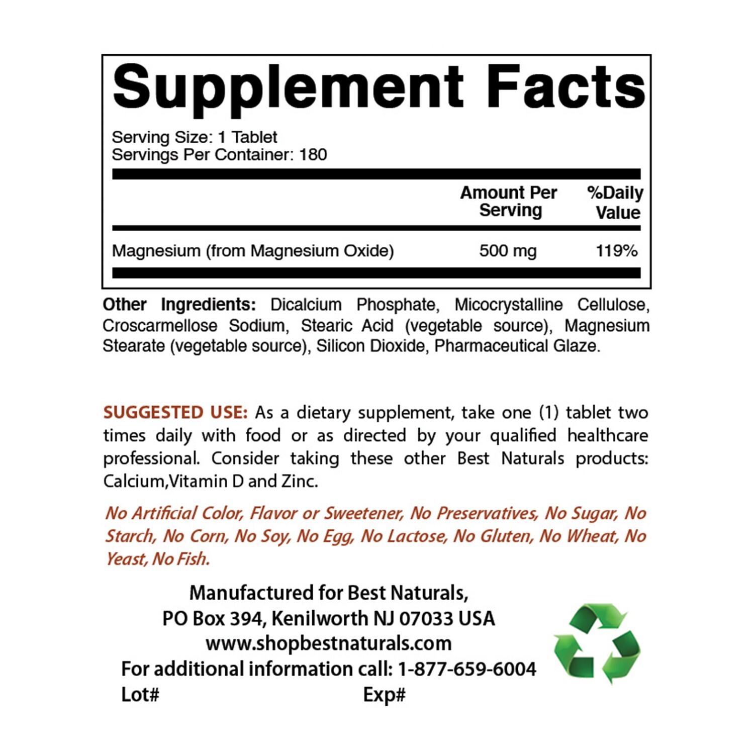 Best Naturals Magnesium Oxide 500 mg 180 Tablets