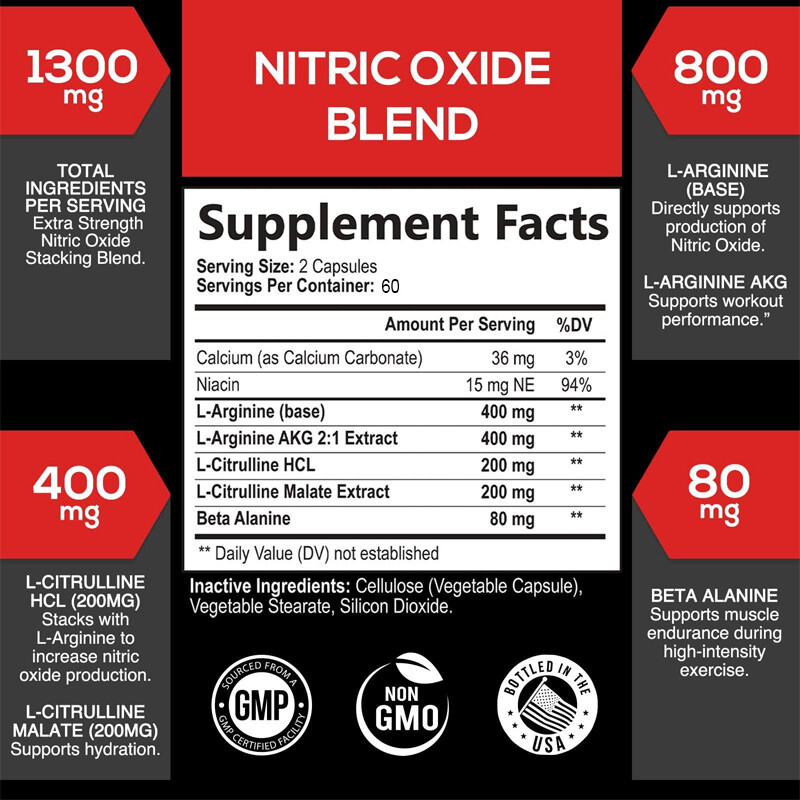 Nitric Oxide Booster L Arginine, L-Citrulline 1300mg 120 Caps Highest Potency