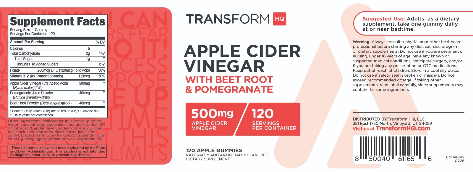 TransformHQ Apple Cider Vinegar Gummies (120 Servings, 500mg Per Serving)