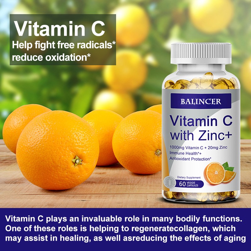 High Potency Vitamin C 1000mg + Zinc 20mg,For Immune System,Brain 30~120Capsules