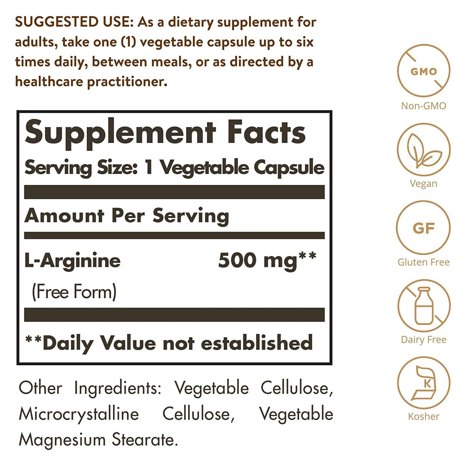 Solgar L-Arginine 500 mg 250 Vegetable Capsules, Free Form Amino Acids