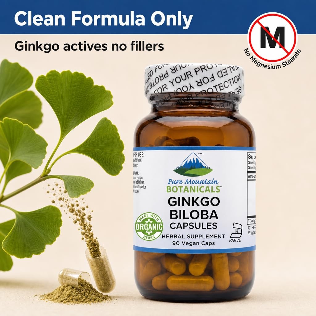 Pure Mountain Botanicals Ginkgo Biloba Capsules – 400mg Organic Ginkgo Biloba