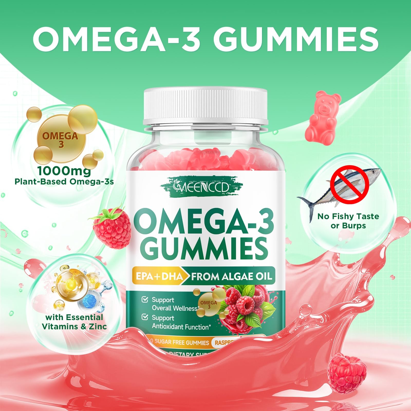 Meenccd 2 Pack Omega-3 Gummies 1000Mg Omega 3 Fish Oil Alternative For Adults