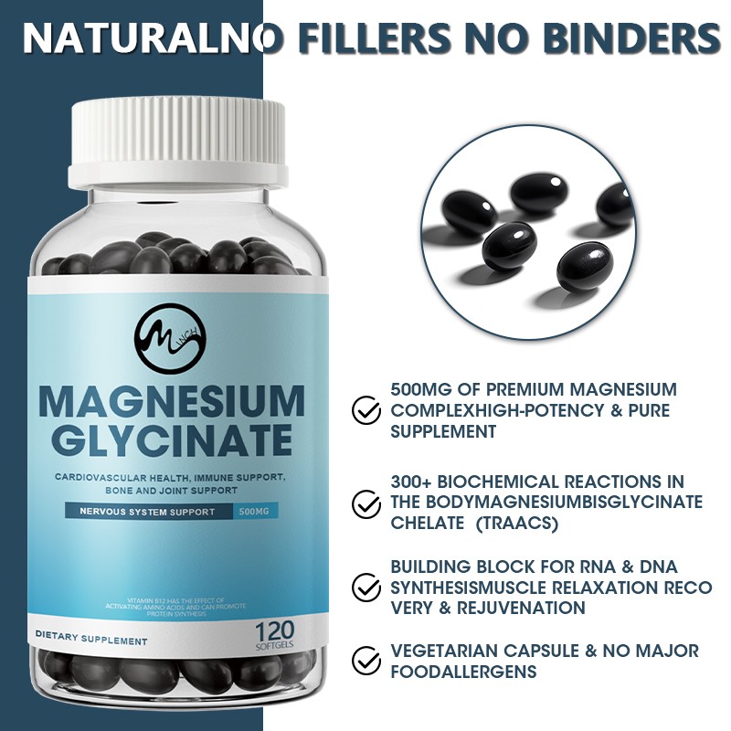Magnesium Glycinate 500mg 120-600 Capsules for Calm, Stress, Sleep, Leg Cramp,