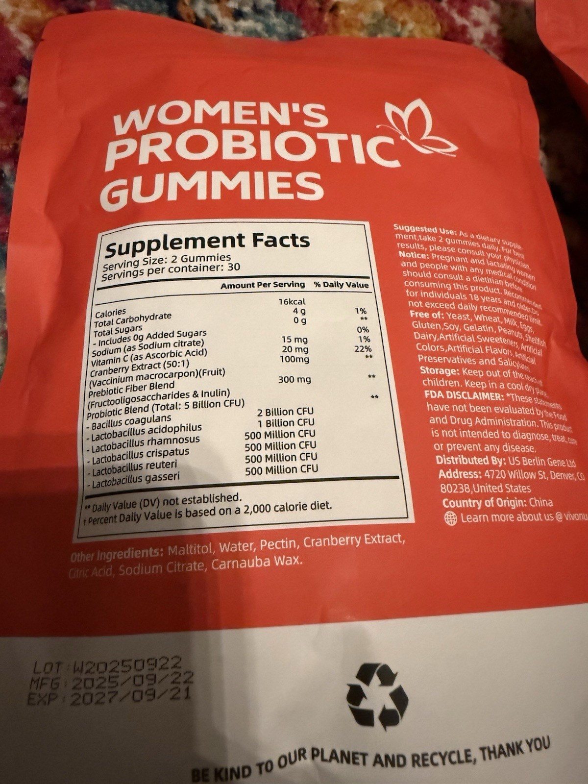 Women’s Probiotic Gummies 2-Pack Cranberry 5 Billion CFU Vegan Gluten-Free NEW