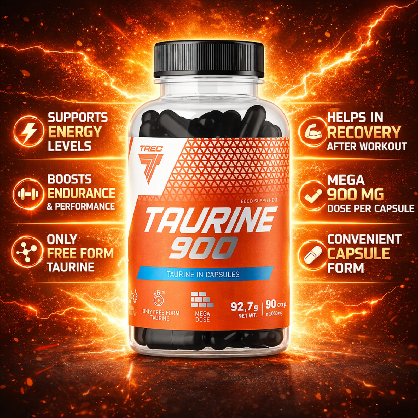 TAURINE 900 – 90-180 Capsules – Supports mental performance, focus, regeneration