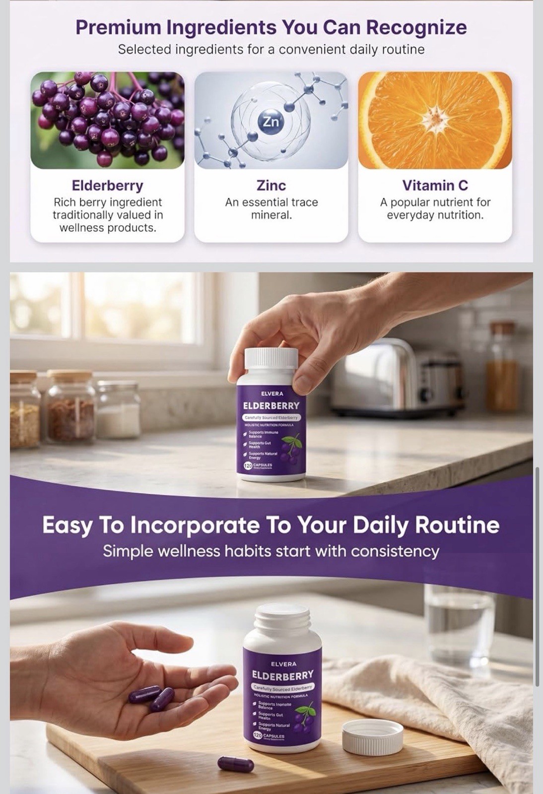 ELVERA Elderberry Capsules w/ Zinc & Vitamin C Vegan Non-GMO 120 Ct