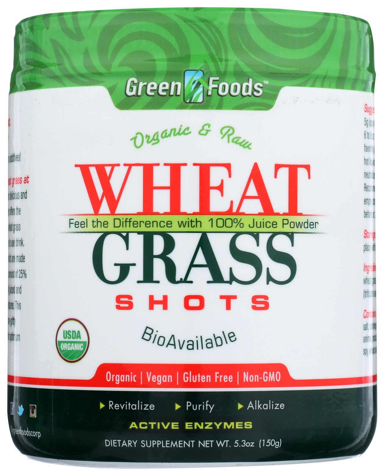 Organic Wheat Grass Shots Green Foods Dietary Supplement 5.3 Oz Powder 1 Pack