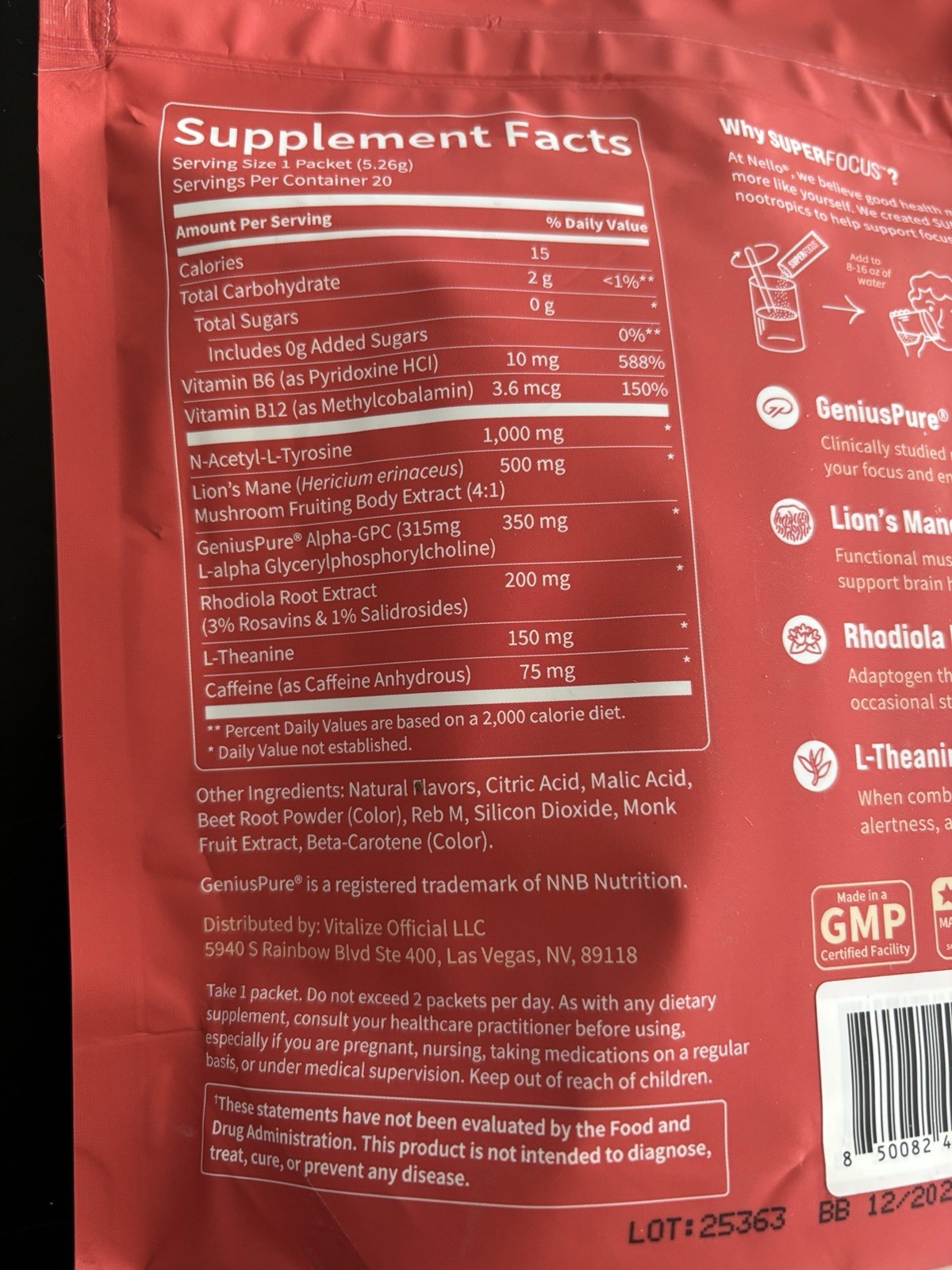 Nello SuperFocus Focus Drink Mix + Caffeine Fruit Punch 20 Packets 0g Sugar
