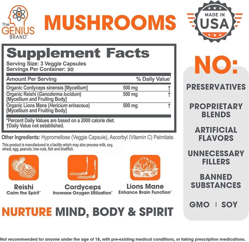 The Genius Brand, Genius Mushrooms, 2 PACK, 90 Veggie Capsules each (180 total!)