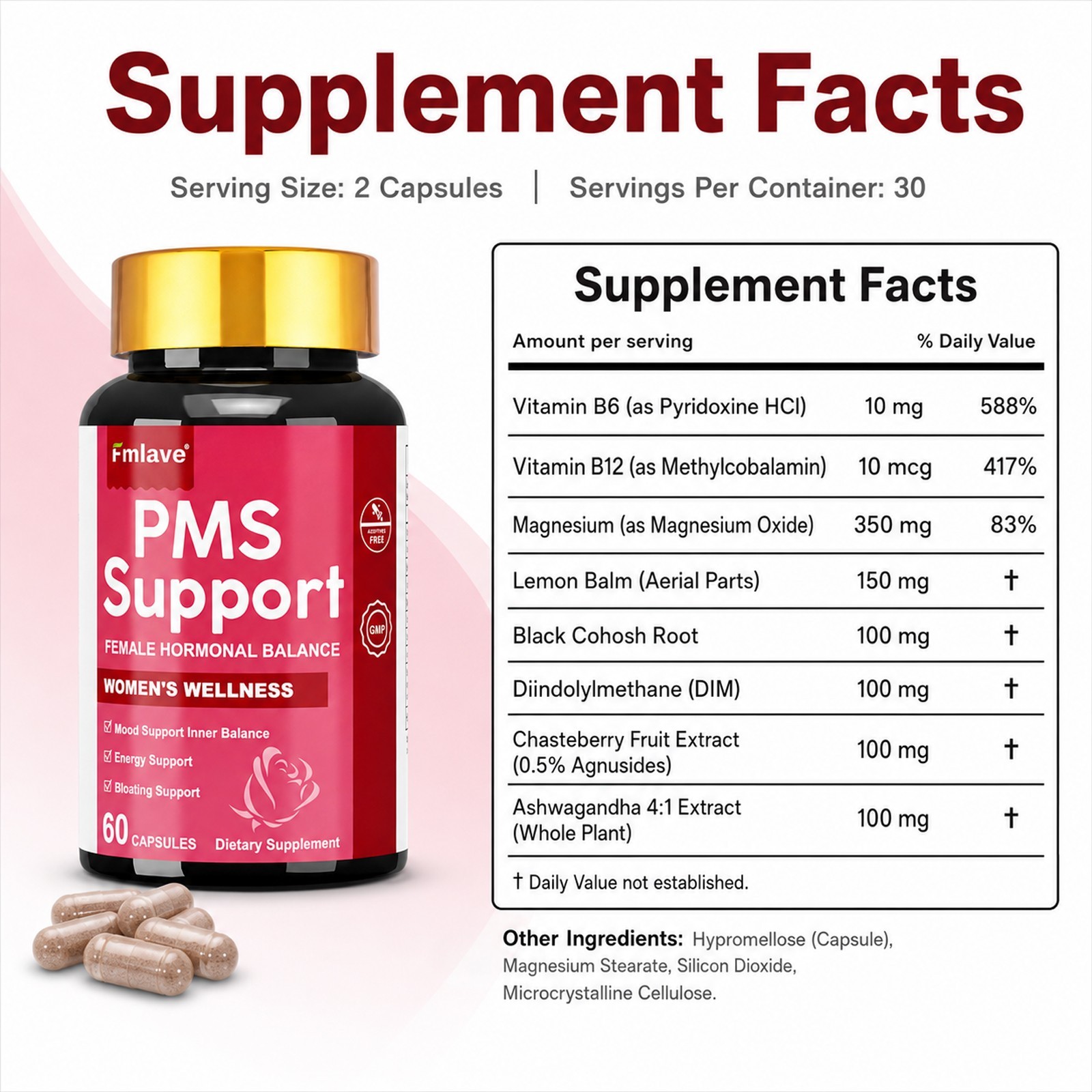PMS Support Supplement for Women with PMS Relief Hormone Balance Period 60 caps