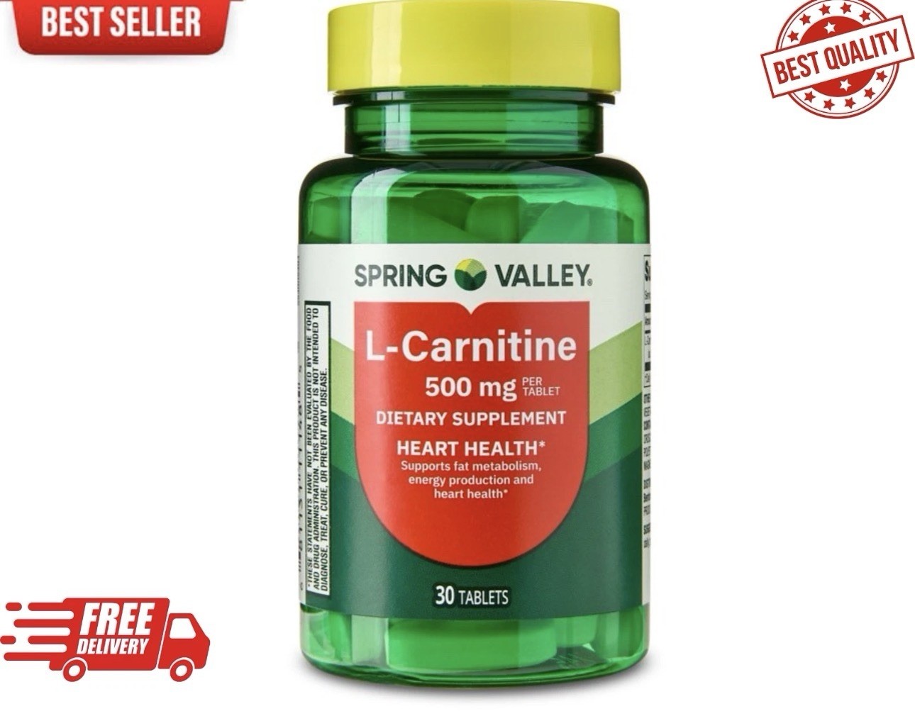 Spring Valley L-Carnitine 500mg Tablets 30ct Heart Health Gluten-Free Supplement