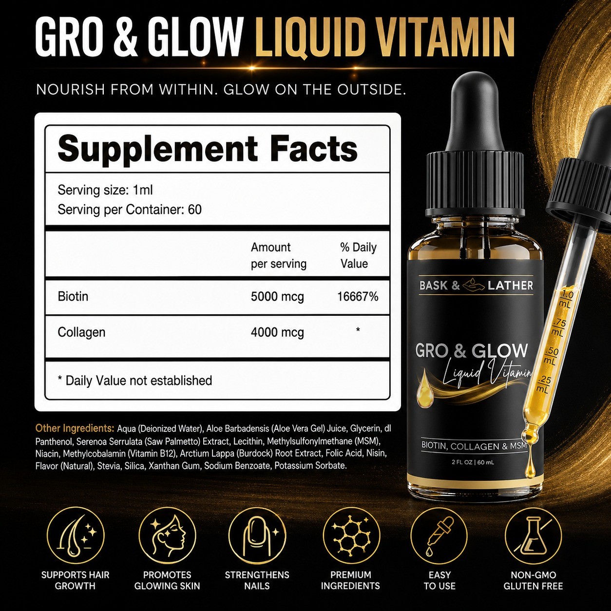 3 Pack Liquid Collagen Vitamin Drops Biotin MSM Hair Skin Nails Support Cherry