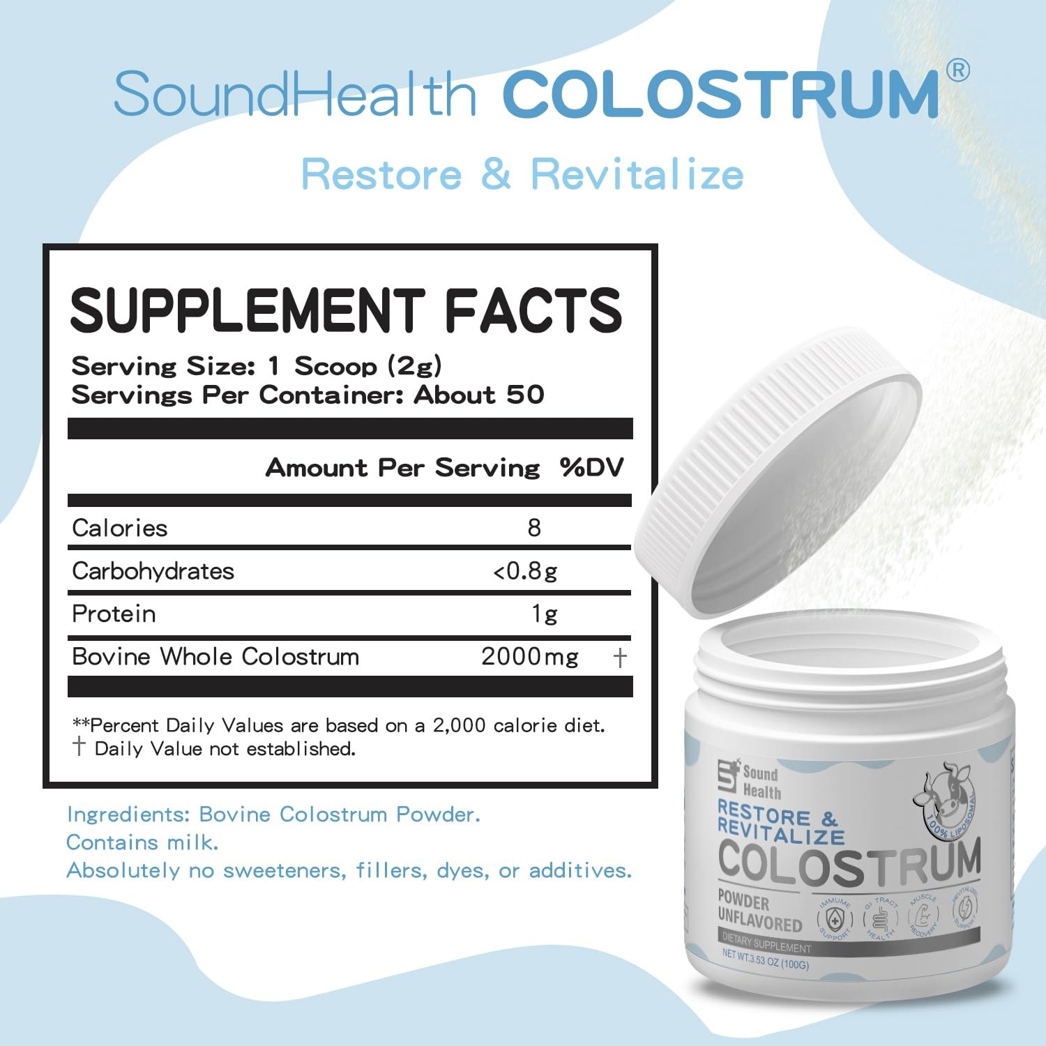 Colostrum Supplement Powder for Humans – Organic 3.5 Ounce (Pack of 1), Green