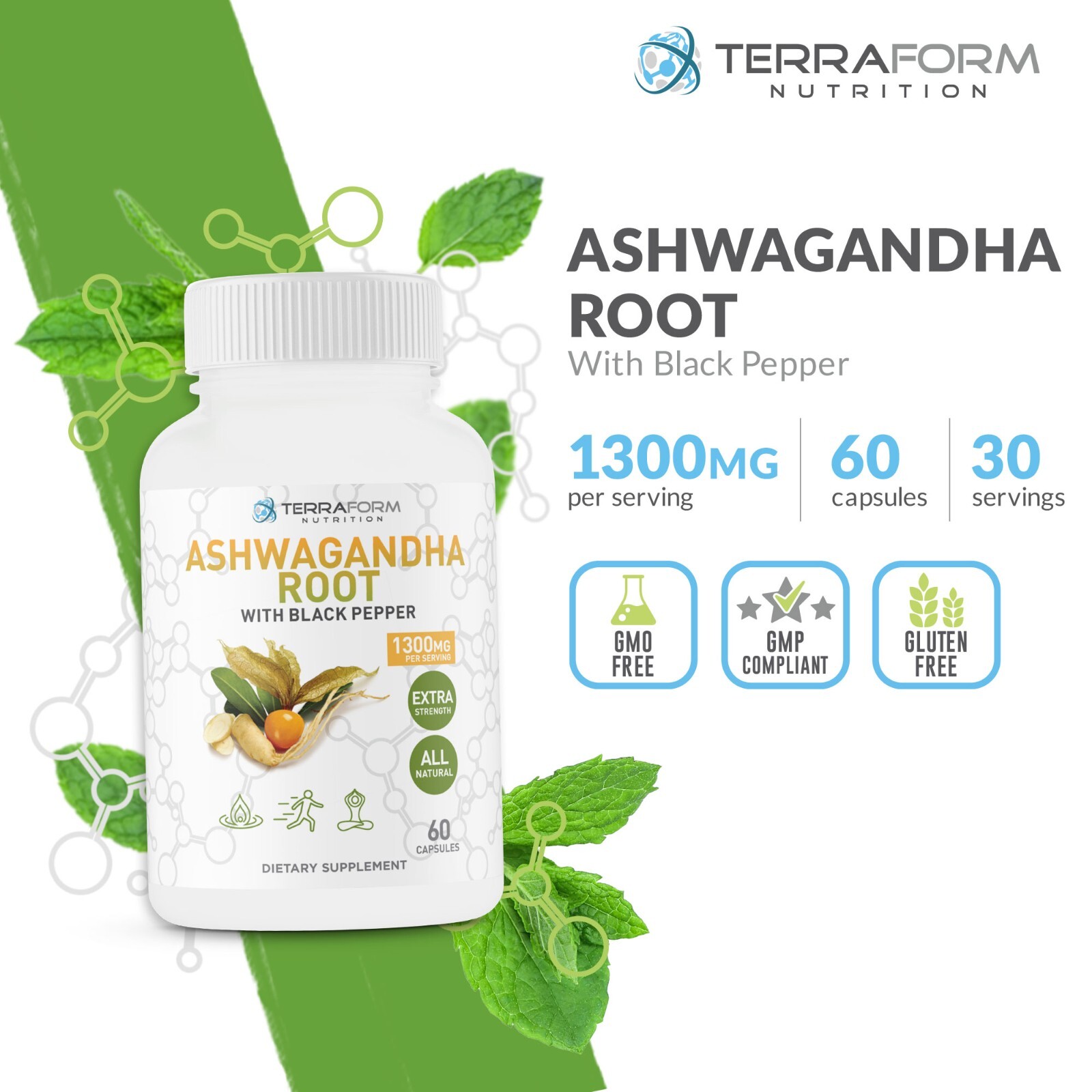 Pure Ashwagandha Root & Blk Pepper – Stress & Anxiety Support – 1300mg/30 Serv.