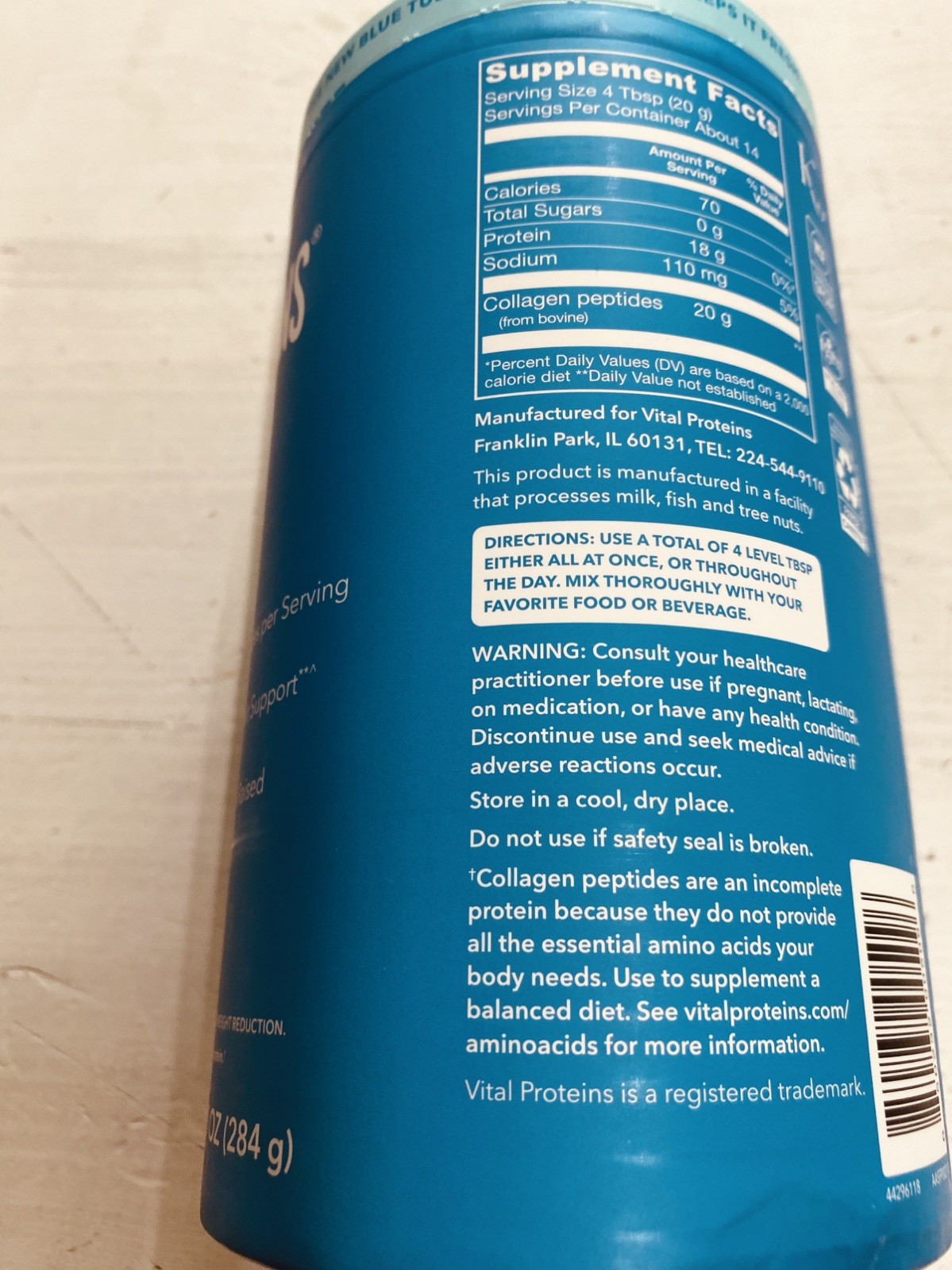 Vital Proteins Collagen Peptides Powder Grass Fed Non-GMO Unflavored 10oz