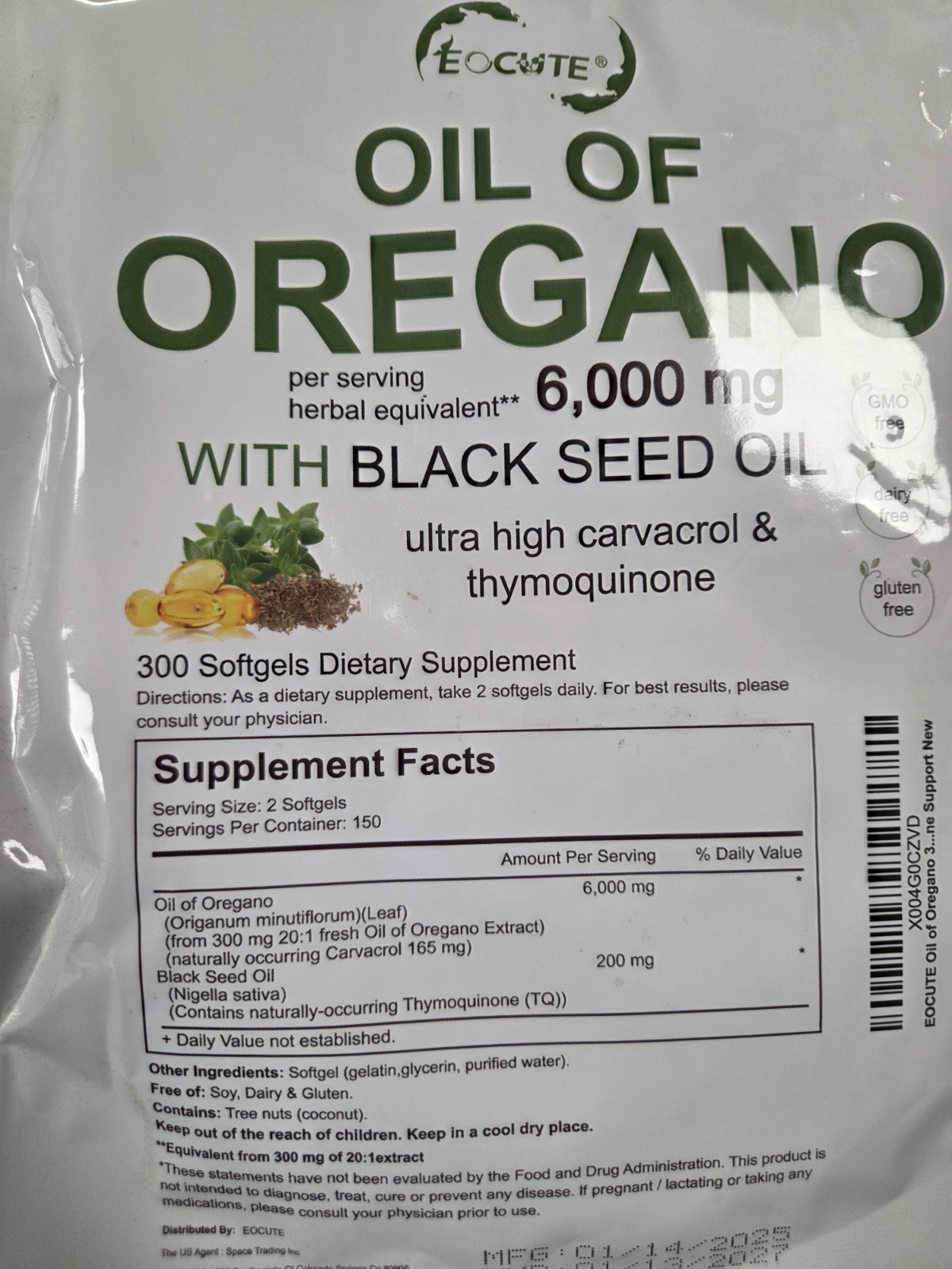 ​​Oil of Oregano 300 Softgels 2 in 1 Black Seed Oil Organic Herbal Supplement