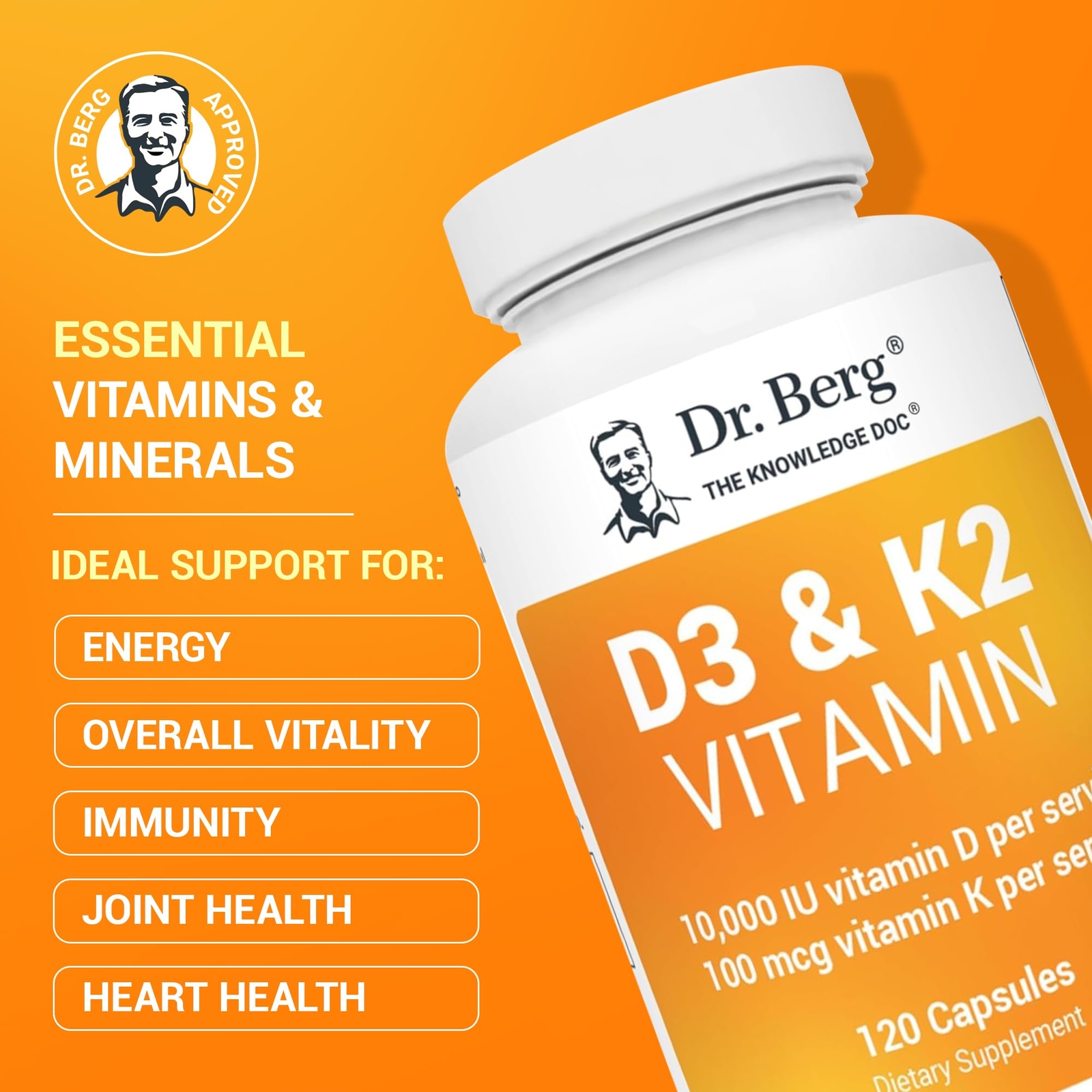 Dr. Berg’s Vitamin D3 K2 w/ MCT Oil 10,000 IU of Vitamin D3, 100 mcg 120 Capsule