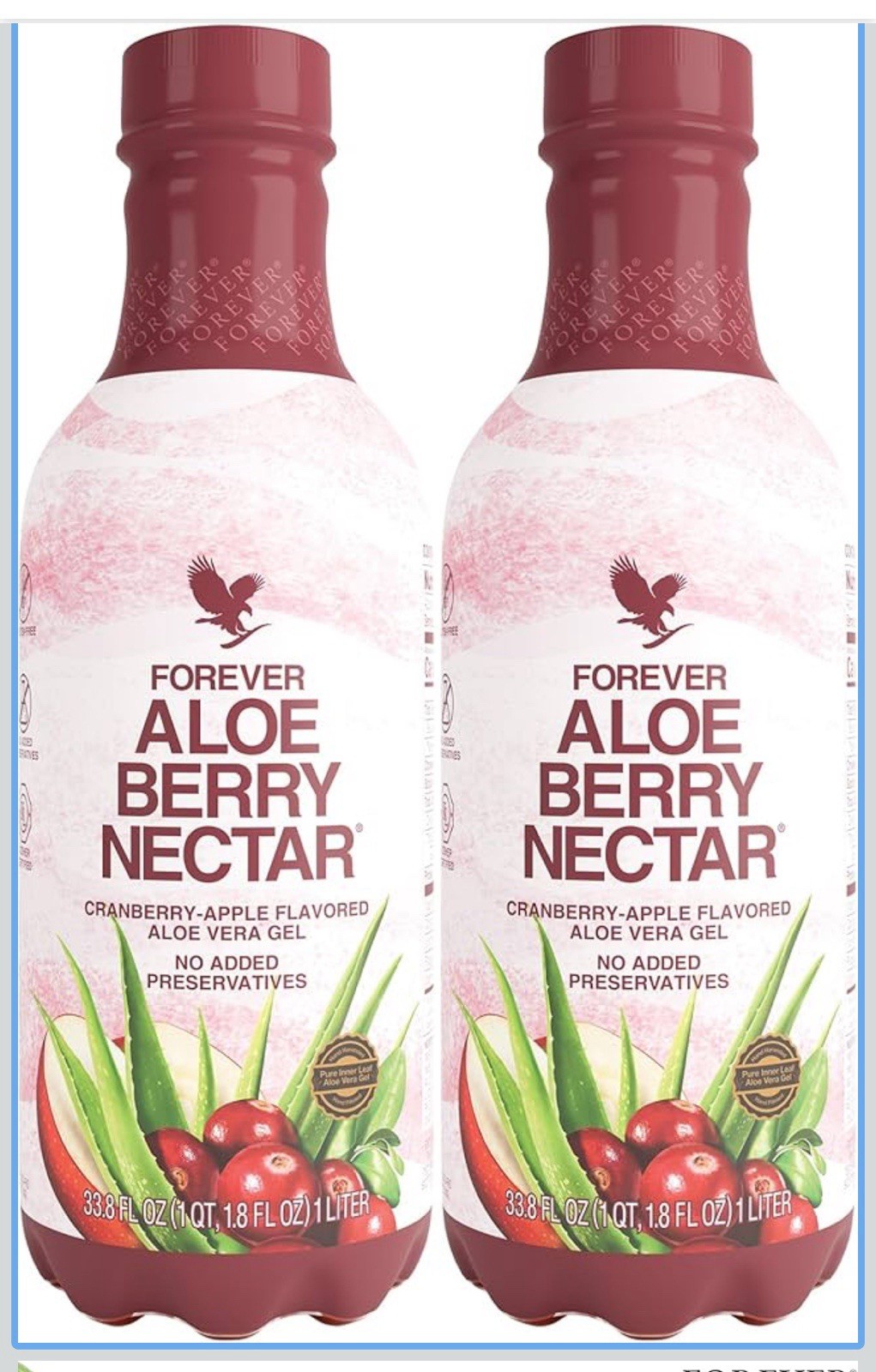 2Bottles of Forever Living Aloe Berry Nectar, 1 L ea. KOSHER/ HALAL