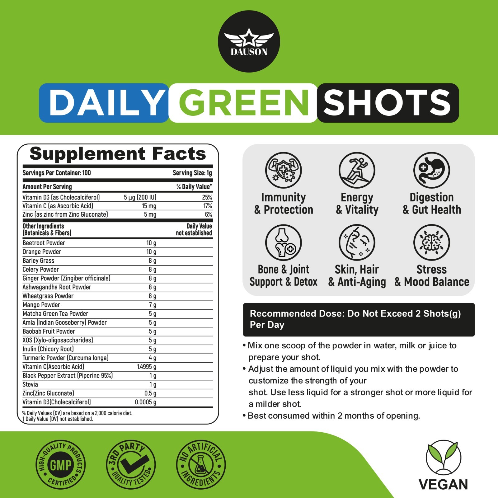 Daily Green Shots – 100 Shots of Superfood Powder with Prebiotics