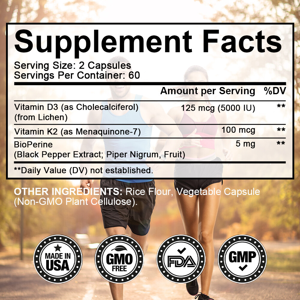 Vitamin D3 5000 IU Vitamin K2 (Menaquinone-7) 100 Mcg Vitamin D K Capsules Heart