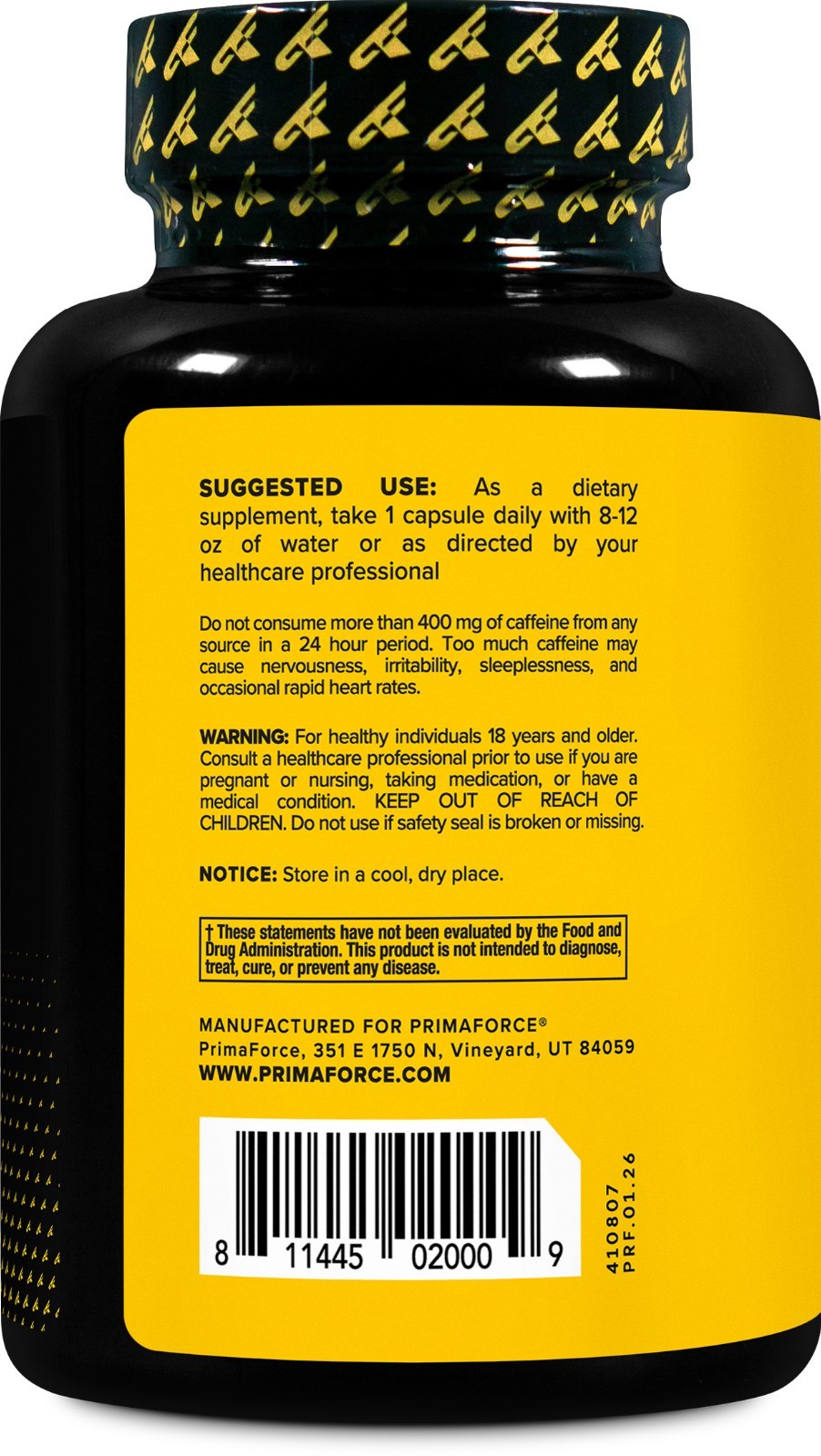 Primaforce Caffeine with L-Theanine, 100mg of Each, 180 Capsules, 180 Servings