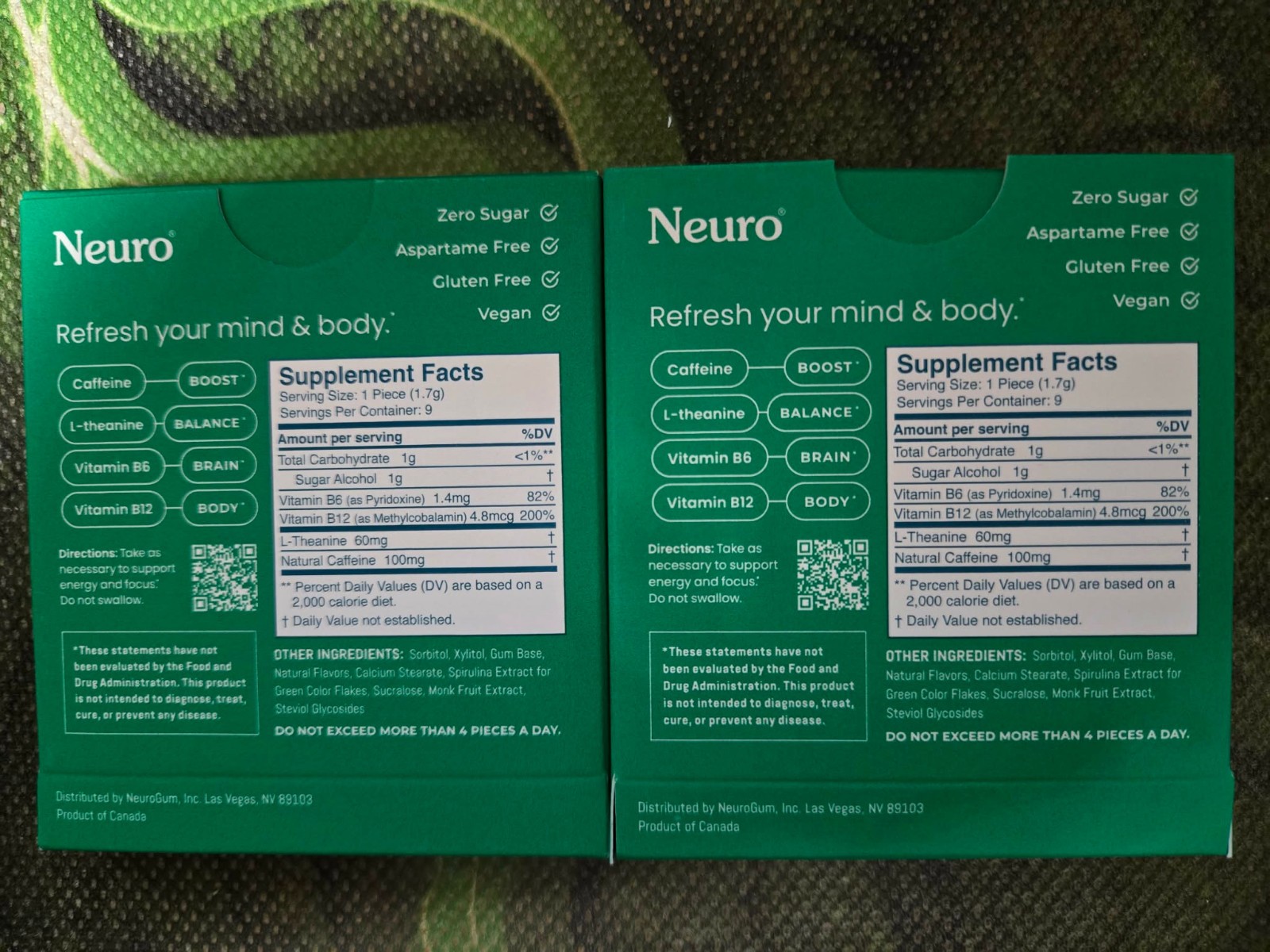 Neuro Gum EXTRA STRENGTH 100MG B-12 Nootropics Caffeine 2pk 18 pcs Boost Energy