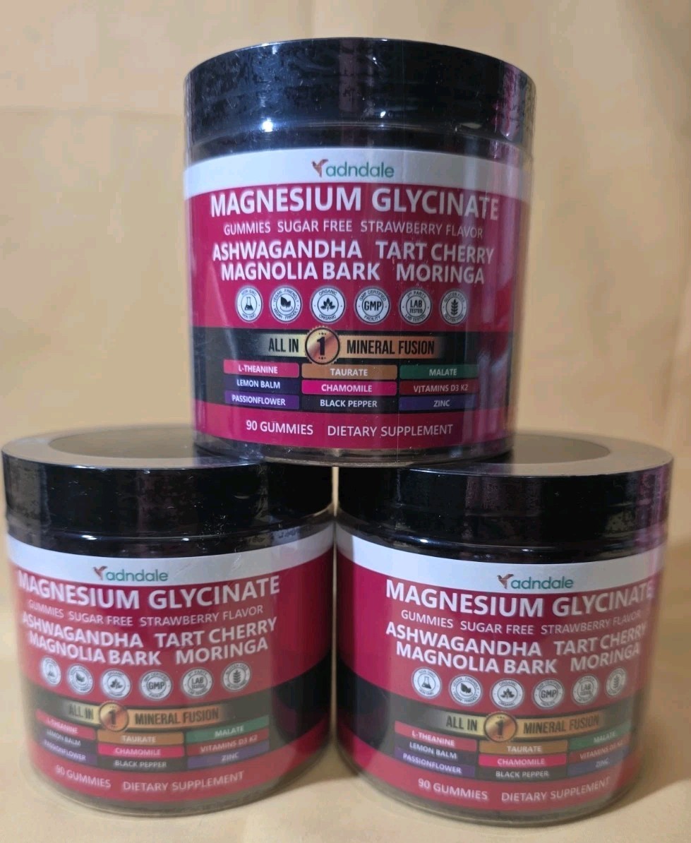 adndale Magnesium Glycinate Gummies, Sugar Free, 90 Gummies per Tub (3 Pack)