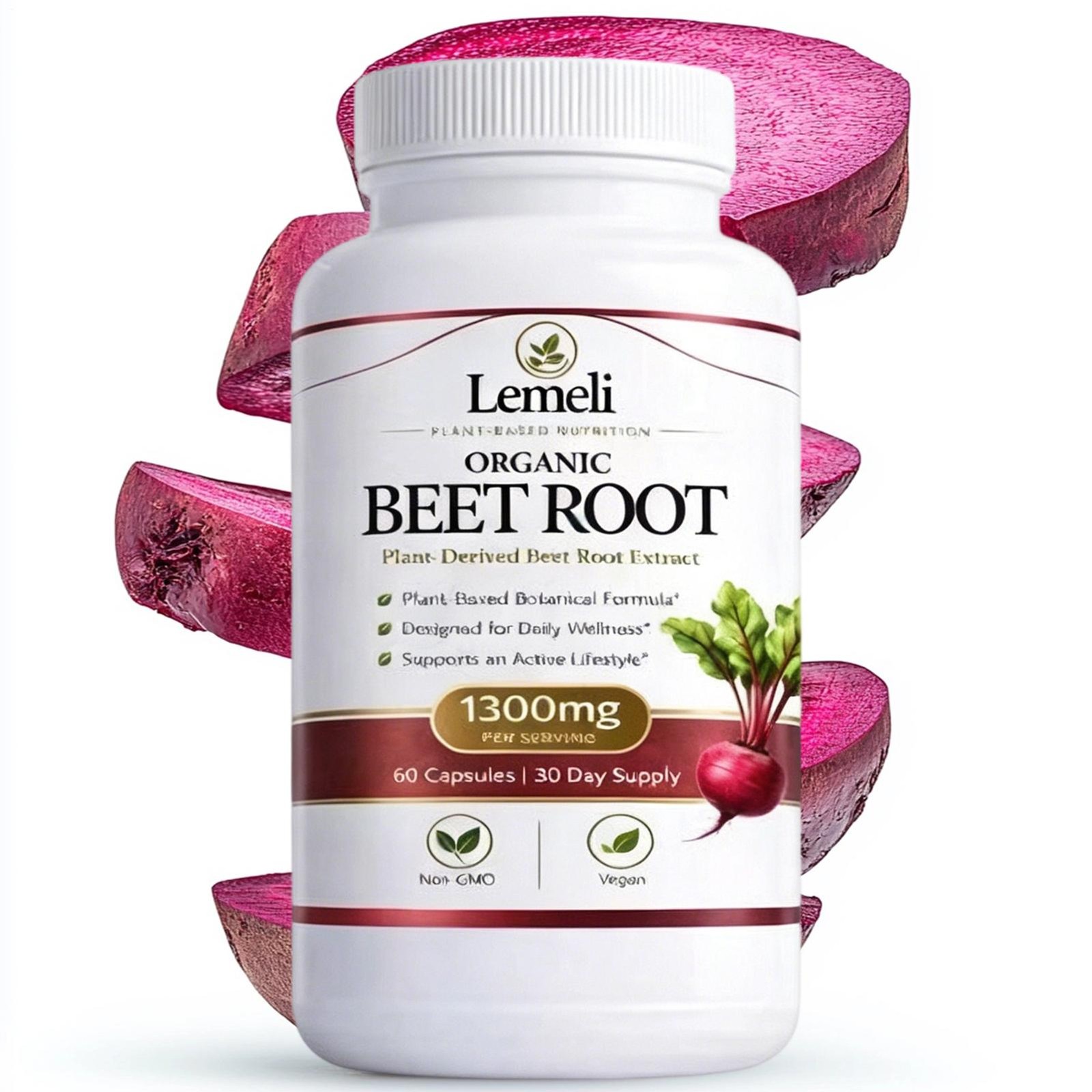 Lemeli Organic Beet Root 1300mg Beet Root Non-GMO 60 Capsules, 30-Day Supply