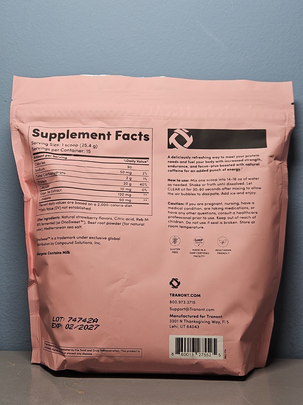 Tranont Clear + Whey Protein + Natural Energy Strawberry 13.4 oz – New! Exp 2/27