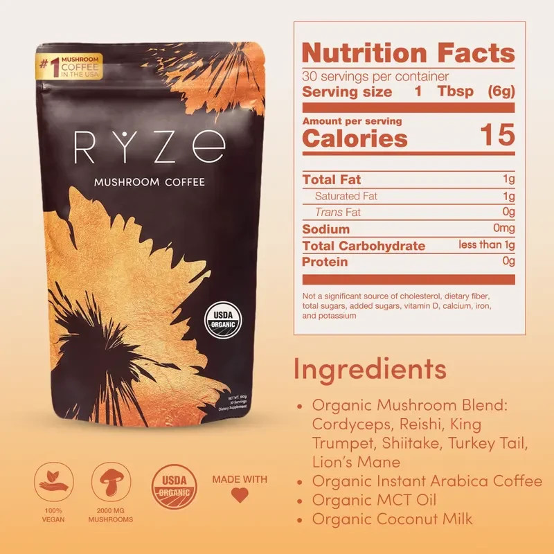 RYZE Mushroom Coffee USDA Organic with 6 AdaptogenicMushrooms and MCT Oil
