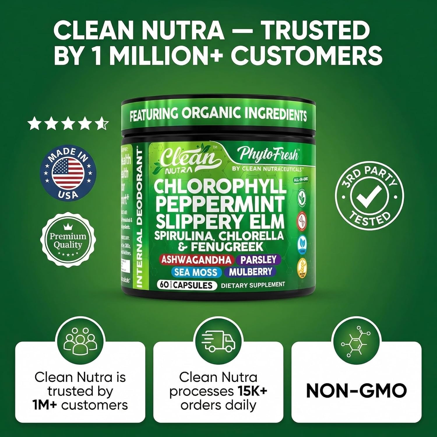Clean Nutra Chlorophyll Capsules + Peppermint Slippery Elm Spirulina exp. 3/2028