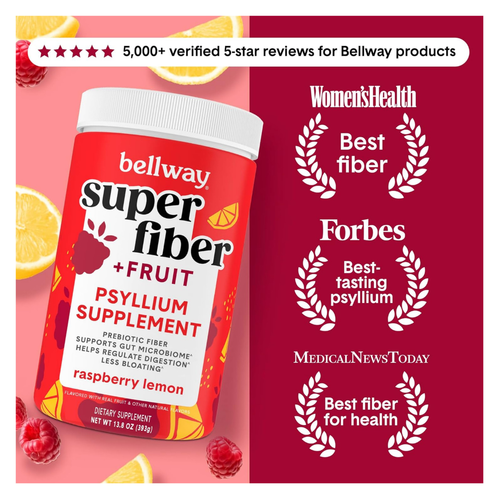Bellway Super Fiber + Fruit Psyllium Husk Raspberry Lemon 36oz 18 x2