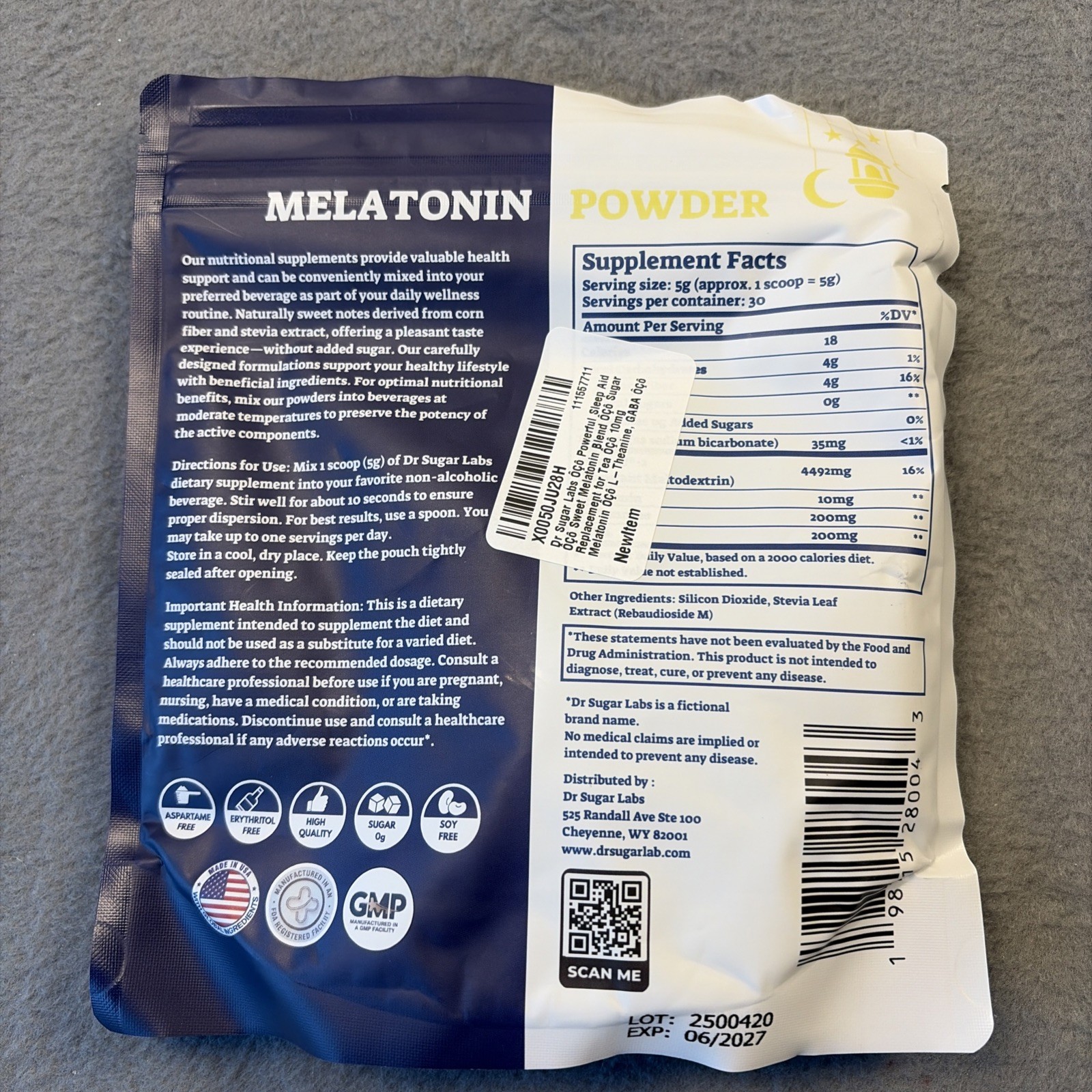 Dr Sugar Labs Melatonin L-Theanine GABA Powder 10mg Sweet Sleep Support 5.29oz