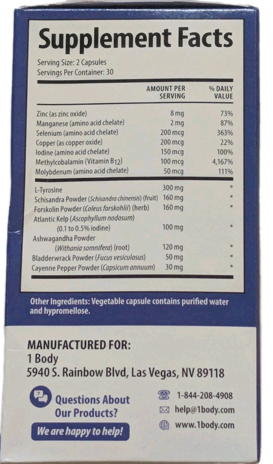 1 Body Thyroid Support Supplement Advanced 30 Day Supply (60 Caps) With Iodine
