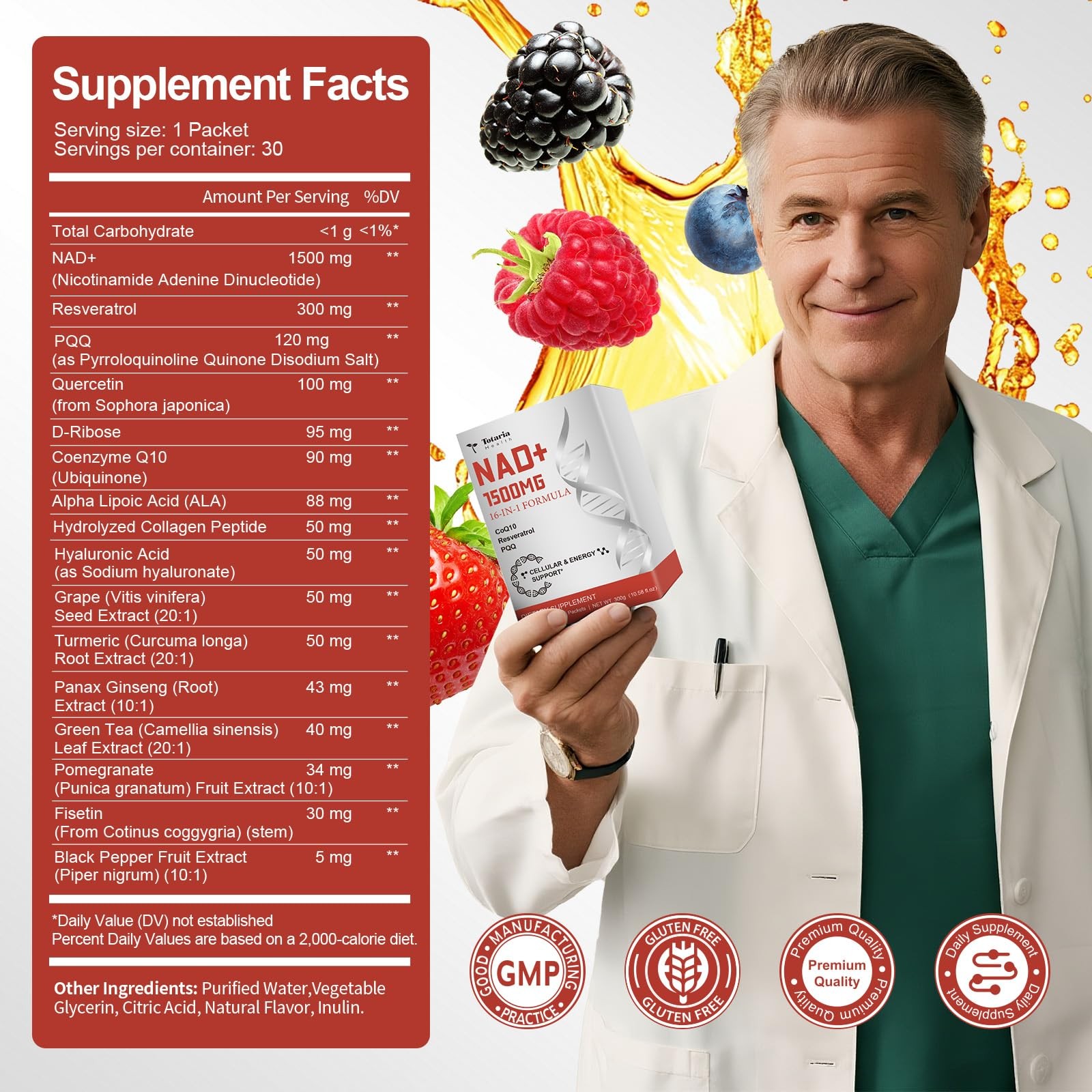 Totaria 16-in-1 NAD Liquid Supplement 1500mg for Men & Women, Extra 30 Packet