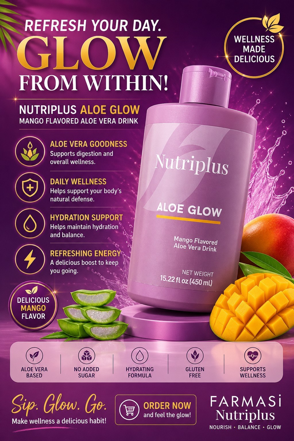 Farmasi Nutriplus Aloe Glow, Refreshing Mango Flavor | Aloe Vera Support