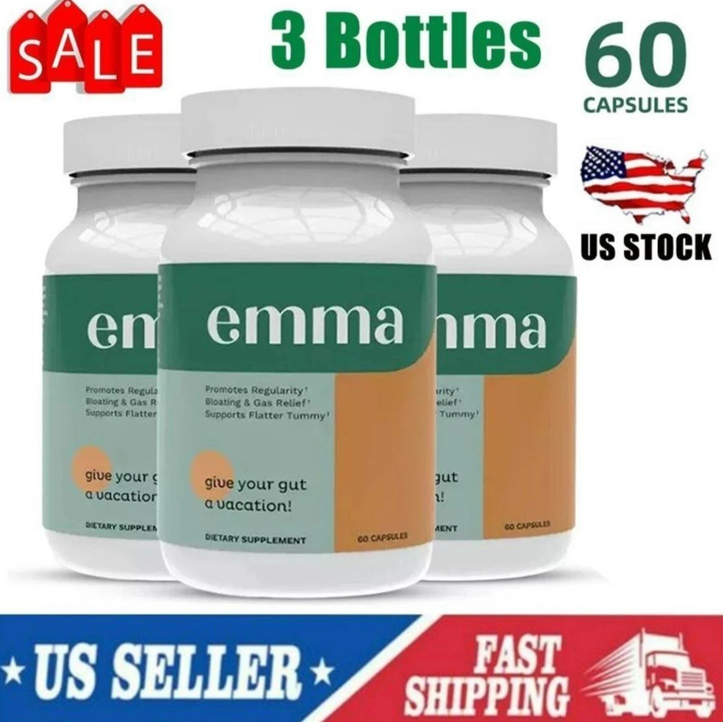3 Pack Emma Gut Health Supplement 180 Capsules for Bloating Relief & Leaky Gut**