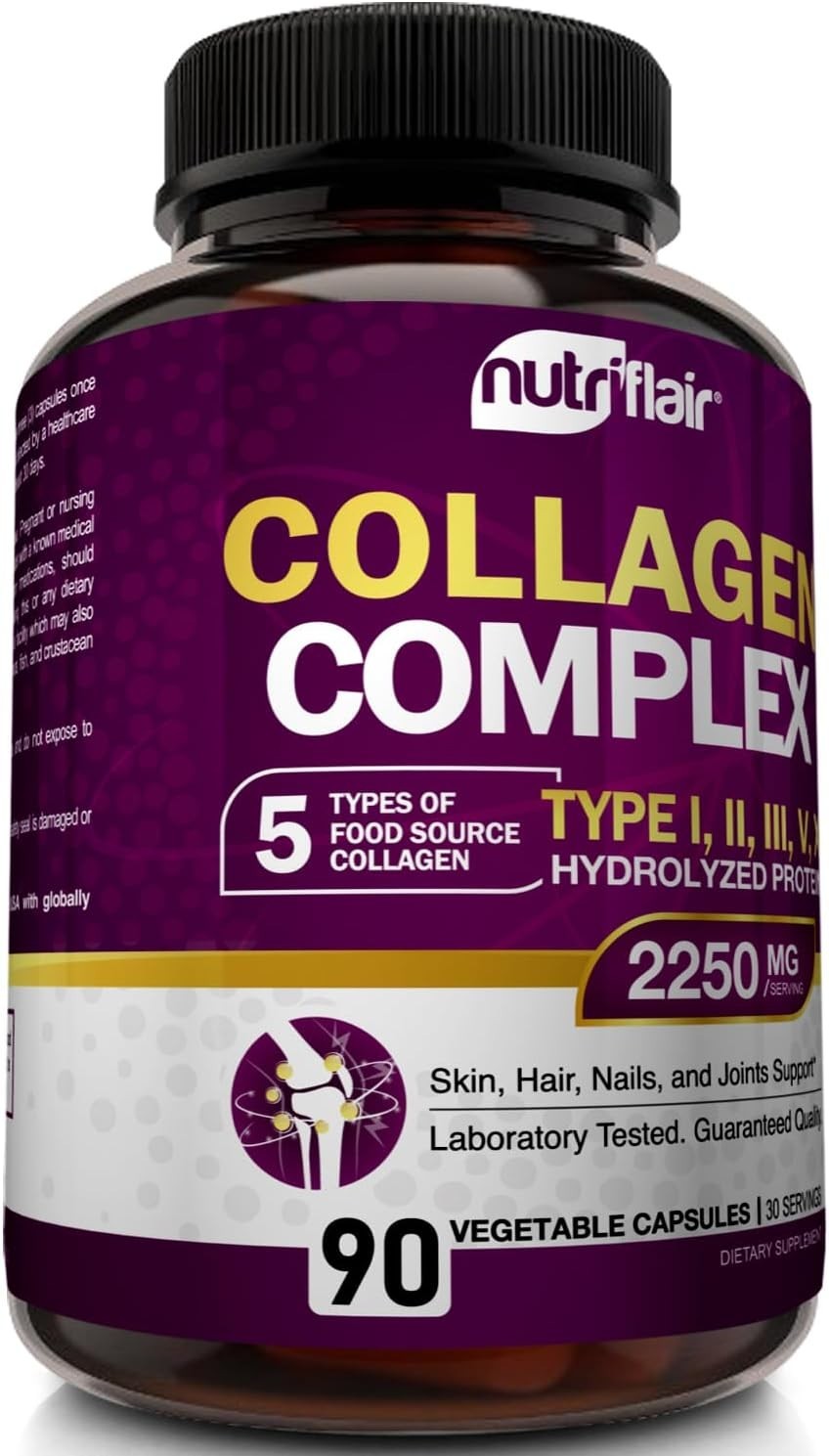 Collagen Supplement, 2250mg, 90 Capsules, Type I II III V X, Unflavored