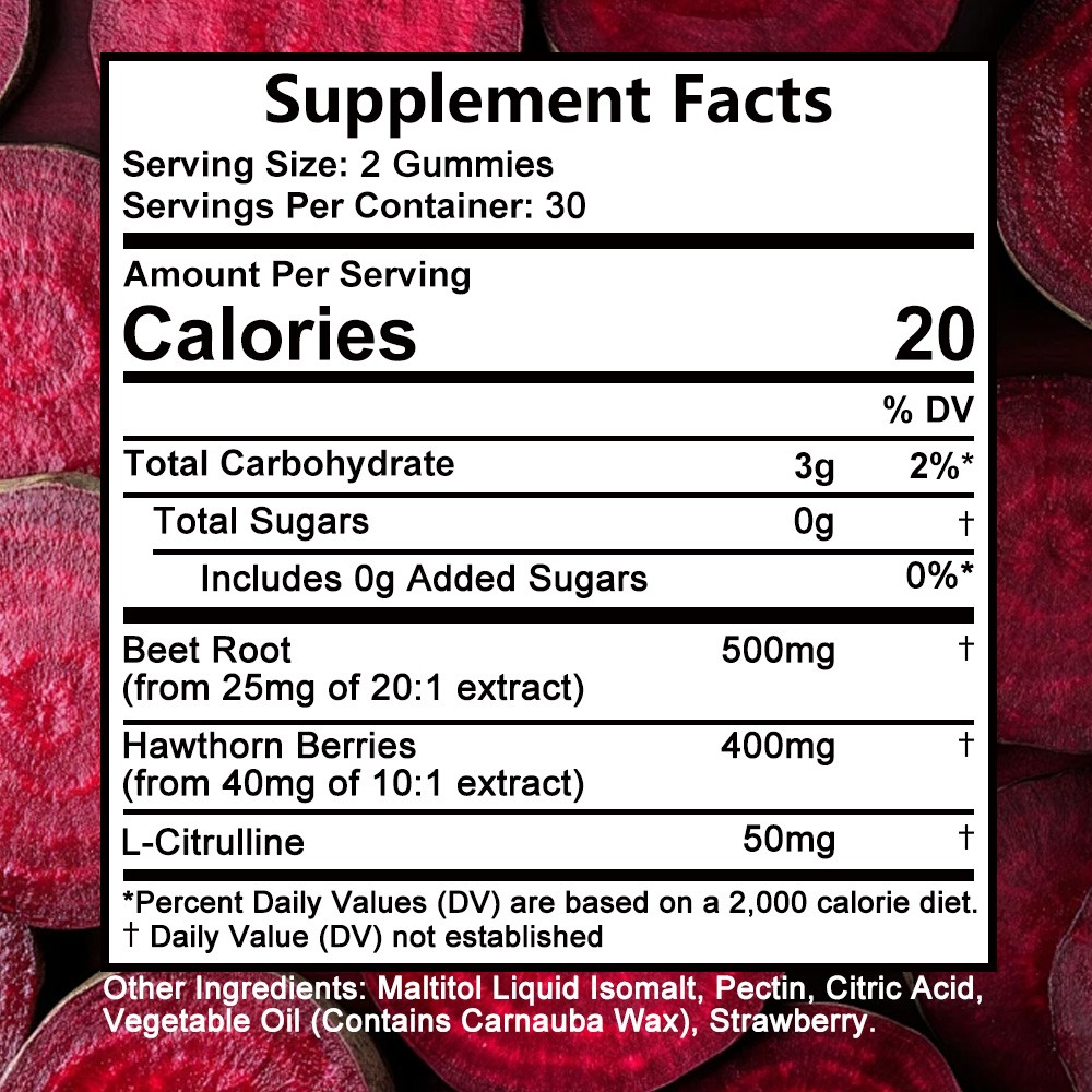 Beet Root Extract Gummies 500mg Vegan, Non-GMO for Blood Pressure,Energy Support