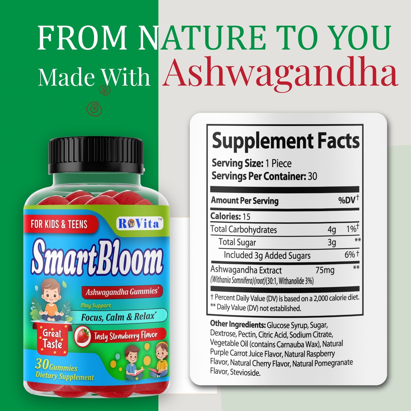Ashwagandha Gummies Kids Stress & Focus Support Calm Supplement 30ct